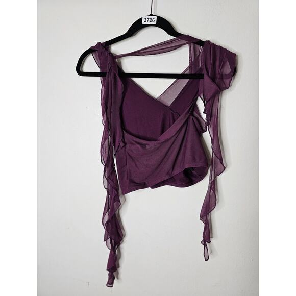 Cider Cute Purple Sleeveless Ruffle Mesh Faux Wrap Tie Neck Blouse Top Small - Picture 2 of 6